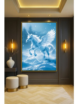 Wallivo Buzda Unicorn Evcil Hayvan Temalı Gümüş Metal Çerçeveli Kanvas Tablo