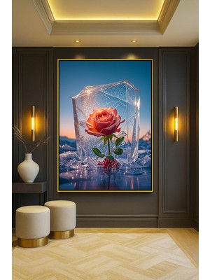 Wallivo Kristalde Kırmızı Gül Donmuş Tema Siyah Metal Çerçeveli Kanvas Tablo