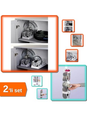 Hereveoyuncak 6 Bölmeli Tencere Kapak Organizeri + Dolap Içi Asılabilir Temiz Çorap Filesi Askılık - 2li Set L4D4P