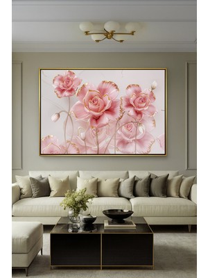 Wallivo Pembe Güller ve Romantik Vazo - Modern Çiçek Sanatı Bronz Metal Çerçeveli Kanvas Tablo