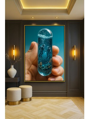 Wallivo Tüp Insanlar - Bilim Kurgu Temalı Yapay Zeka Eseri Bronz Metal Çerçeveli Kanvas Tablo