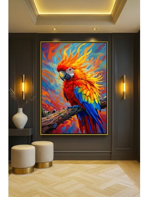 Wallivo Gökkuşağı Renkli Yağlı Boya Görünümlü Papağan Siyah Metal Çerçeveli Kanvas Tablo