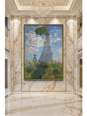 Wallivo Claude Monet Kadın Şemsiyeyle Çayırda Gümüş Metal Çerçeveli Kanvas Tablo