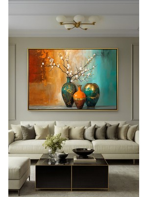 Wallivo Soyut Fonlu Bahar Dalları ve Altın Yaldızlı Vazolar Modern Siyah Metal Çerçeveli Kanvas Tablo