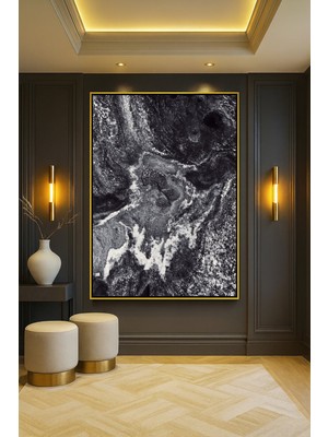 Wallivo Kozmik Manzarayı Andıran Siyah Beyaz Dokulu Detaylı Soyut Gold Metal Çerçeveli Kanvas Tablo