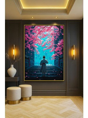 Wallivo Pembe Yapraklar Düşerken Merdiven Tırmanan Kung Fu Ustası Gold Metal Çerçeveli Kanvas Tablo