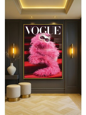 Wallivo Gözlüklü Kedi Vogue Kapağı - Komik ve Şık Evcil Hayvan Gold Metal Çerçeveli Kanvas Tablo