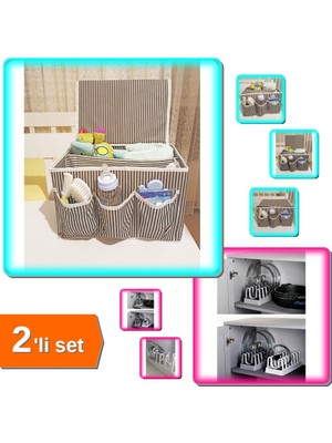 Hereveoyuncak 5 Bölmeli Bebek Beşik Başucu Düzenleyici Kapaklı + 6 Bölmeli Tencere Kapak Rafı - 2li Set D6G7T8