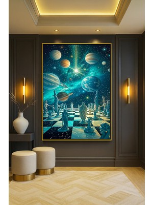 Wallivo Uzay Satrancı ve Gezegenler Andromeda Temalı Gold Metal Çerçeveli Kanvas Tablo