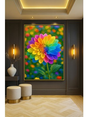 Wallivo Çiçek Motifi Renkli Temalı Gold Metal Çerçeveli Kanvas Tablo