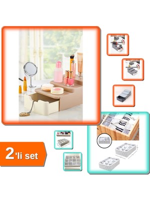 Hereveoyuncak Compact Çekmeceli Standlı Makyaj Organizeri + 12 Bölmeli Pratik Çekmece Düzenleyici - 2li Set W8A6P5