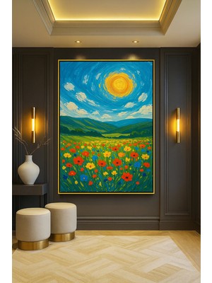 Wallivo Bahçede Güneşi Izleme Bronz Metal Çerçeveli Kanvas Tablo