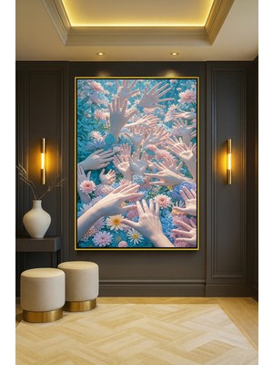 Wallivo Çiçek Tarlasından Fırlayan Eller Gold Metal Çerçeveli Kanvas Tablo