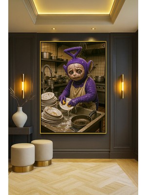 Wallivo Bulaşık Yıkayan Teletubbies Model 1 Gümüş Metal Çerçeveli Kanvas Tablo