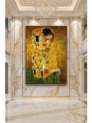 Wallivo Gustav Klimt Kiss Tablosu Altın Doku Sanat Bronz Metal Çerçeveli Kanvas Tablo