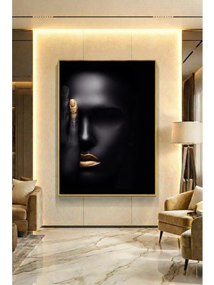 Wallivo Tek Gözü Kapalı Siyahi Kadın Model Gümüş Metal Çerçeveli Kanvas Tablo