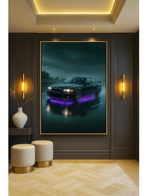 Wallivo Altından Mor Neon Işıklar Çıkan Araba Gold Metal Çerçeveli Kanvas Tablo