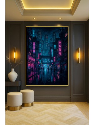 Wallivo Asya Cyberpunk Şehri Bronz Metal Çerçeveli Kanvas Tablo