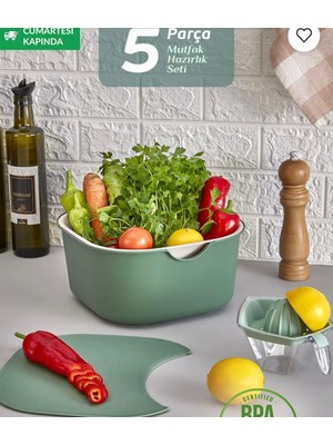 Nest Nook 5'li Mutfak Hazırlık Seti - Çok Amaçlı Karıştırma Kabı Kasesi Kesme Tahtası Süzgeç Limon Sıkacağı