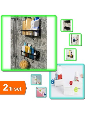 Hereveoyuncak 2 Adet Yapışkanlı Plastik Mutfak Banyo Rafı + 2 Adet Diş Macunu Tüp Krem Sıkma Aparatı - 2li Set M8M