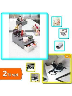 Hereveoyuncak Compact Çekmeceli ve Standlı Makyaj Organizeri + 2 Adet Araba Gözlük Tutacağı Klips - 2li Set N3Z7Q5