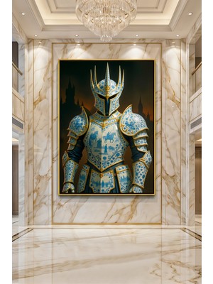 Wallivo Mavi Beyaz Çini Desenli Altın Detaylı Porselen Şövalye Zırhı Siyah Metal Çerçeveli Kanvas Tablo