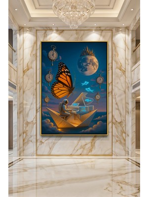 Wallivo Piyanist Astronot ve Kral Kelebeği Kağıt Gemide Kozmik Macera Siyah Metal Çerçeveli Kanvas Tablo