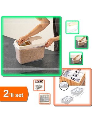 Hereveoyuncak Sürgülü Kapaklı 10 Lt Erzak Bakliyat Kabı + 12 Bölmeli Pratik Çekmece Düzenleyici - 2li Set T5K5C9
