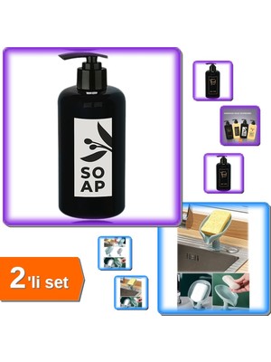 Hereveoyuncak Siyah Plastik Pompalı Sabunluk 500 ml + Vantuzlu Su Giderli Drenaj Katı Sabunluk - 2li Set U5E2H7
