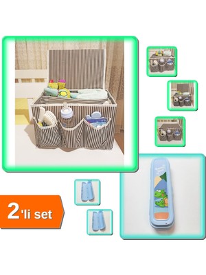 Hereveoyuncak 5 Bölmeli Bebek Beşik Başucu Organizer + Kapaklı Mavi Multi Renkli Saklama Kutusu - 2li Set S9E1X5