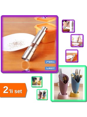 Hereveoyuncak Paslanmaz Çelik Bassmalı Baharat Değirmeni + Lale Figürlü Tezgah Üstü Kaşıklık Seti - 2li Set P0A9F0