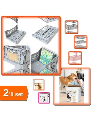 Hereveoyuncak 15 Lt Katlanabilir Kasa + Çok Amaçlı 6 Lt Kapaklı Mama Saklama Kabı - 2li Set W2P6D9