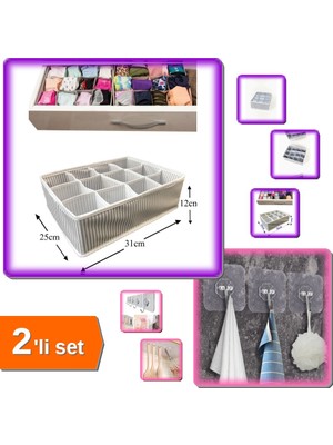 Hereveoyuncak Pratik 12 Bölmeli Çekmece Düzenleyici + Ultra Güçlü 10 Adet Şeffaf Yapışkanlı Askı - 2li Set V2J5W7