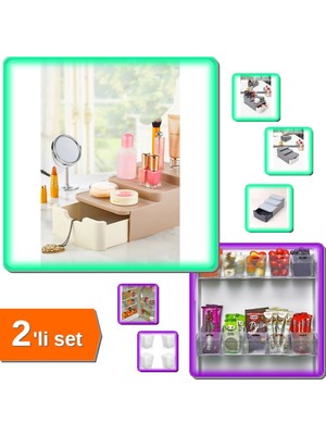 Hereveoyuncak Compact Çekmeceli ve Standlı Makyaj Organizeri + 6 Adet Buzdolabı Içi Mini Düzenleyici Kutu -2li Set