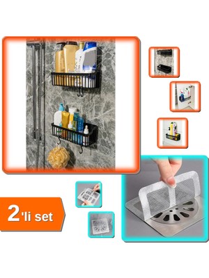 Hereveoyuncak 2 Adet Plastik Yapışkanlı Askılı Düzenleyici Raf + 10 Adet Yapışkanlı Banyo Gider Koruyucu - 2li Set