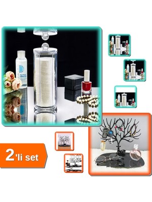 Hereveoyuncak Makyaj Pamuğu Organizeri + Siyah Geyik Şeklinde Mücevher Yüzük Küpe Takı Düzenleyici - 2li Set L1S8F