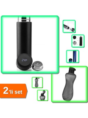 Hereveoyuncak Dijital Sıcaklık Göstergeli Renkli Çelik Termos 500 ml + Siyah Water Fresh Suluk 1500 ml - 2li Set