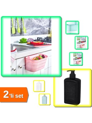 Hereveoyuncak Dolap Kapağı Organizeri - Tezgah Çöp Kutusu + 500 ml Plastik Sıvı Sabunluk - Pratik 2li Set T2Q3J8