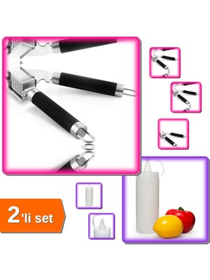Hereveoyuncak Lüx Çelik Sarımsak Ezici + Şeffaf Sos Şişesi 400 ml - 2li Set P2R5N4