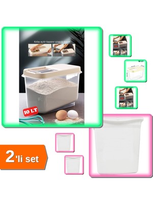 Hereveoyuncak Sürgülü Kapaklı 10 Lt Erzak Bakliyat Un + Kilit Kapaklı Kuru Mama Saklama Kabı 6 Lt - 2li Set A9Q2M4