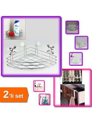 Hereveoyuncak Çok Amaçlı Banyo Vantuzlu Köşe Organizer + 6 Adet Çekmece Havluppan Askı - 2li Set Q7W1U9
