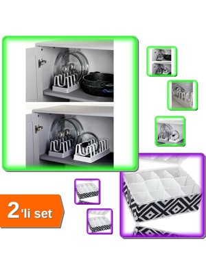 Hereveoyuncak 6 Bölmeli Tencere Kapak Rafı + 12 Bölmeli Mozaik Desen Çekmece Düzenleyici Organizer - 2li Set U5T3W
