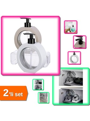 Hereveoyuncak 350 ml Tezgah Üstü Oval Banyo Mutfak Sıvı Sabunluk + 6 Bölmeli Tencere Kapak Rafı - 2li Set Z0H9H5