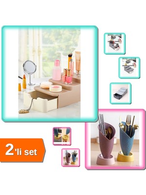 Hereveoyuncak Compact Çekmeceli ve Standlı Makyaj Düzenleyici + Lale Figürlü Tezgah Üstü Kaşıklık - 2li Set B4M9B7