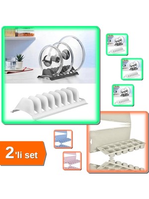 Hereveoyuncak 2 Adet Beyaz 8 Bölmeli Tencere Kapak Rafı - Simple Tabaklık + Buz Kalıbı Pratik Kapaklı - 2li Set R7