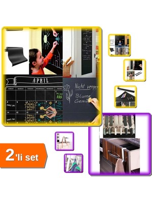 Hereveoyuncak Yapışkanlı Kara Tahta Yazı Tahtası Sticker 60X200 cm + 6 Adet Çekmece Havluppan Askı - 2li Set L8Z5Z2