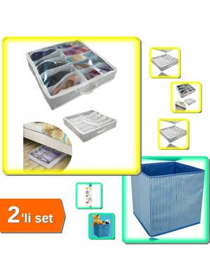 Hereveoyuncak 12 Bölmeli Ayakkabı Saklama Çantası Hurcu + Mavi Dolap Içi Çizgili Düzenleyici Kutu - 2li Set K4F8X3
