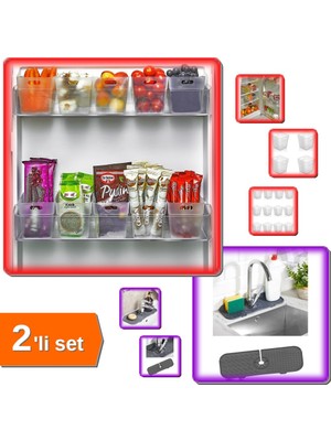 Hereveoyuncak 12 Adet Buzdolabı Içi Mini Düzenleyici Kutu + Esnek Musluk Lavabo Su Tutucu Matı - 2li Set B5E0S5
