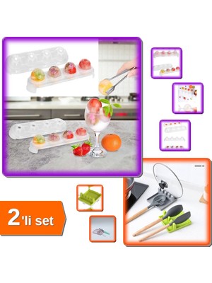 Hereveoyuncak Yuvarlak 4 Bölmeli Şeffaf Silikon Tabanlı Buz Kalıbı + Kaşık Kepçe Altlığı Kapak Tutucu - 2li Set W4