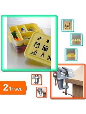 Hereveoyuncak Oyuncak Hobi Kırtasiye Malzemeleri Saklama Kutusu + Mini Mengene - Masa Mengenesi - 2li Set K4D9V6